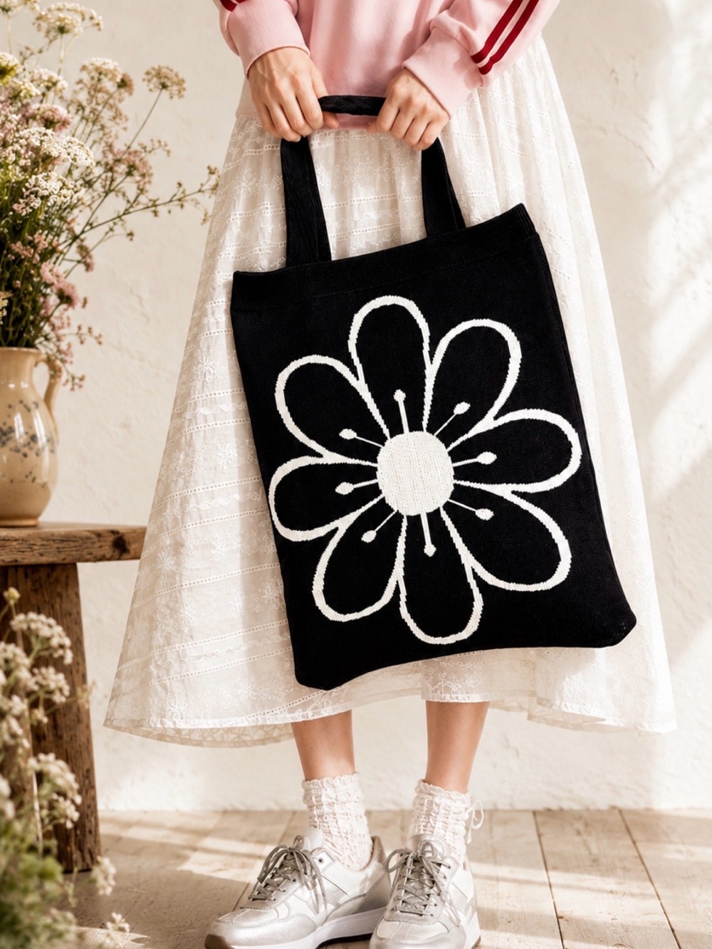 Vintage Floral Print Boho Knit Crochet Tote Bag